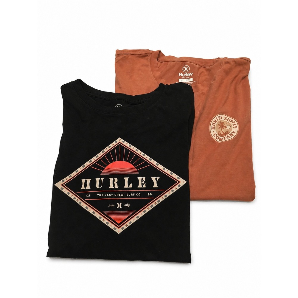 Hurley Men's T-Shirts Bundle (2 Pack) – Black Graphic Tee & Orange – Size Large